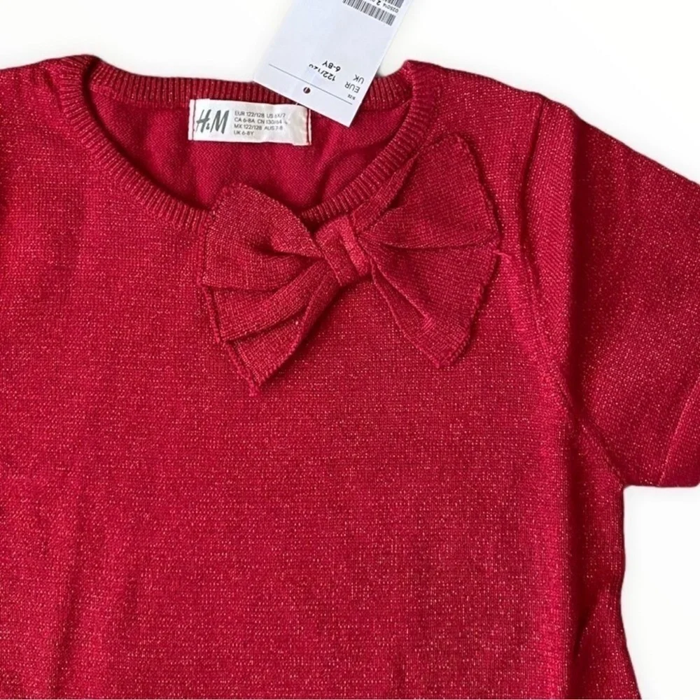H&M Kids Red Glitter Knit Dress Bow Detail NWT Girls Sizes 6 8 Holiday Party